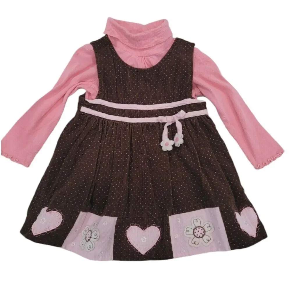 Corduroy overall dress with pink hearts
